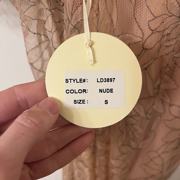 NWT Luxxel Sheer Lace Gown with Slip Formal Blush Nude Tan Belted Silhouette New - Picture 7 of 13